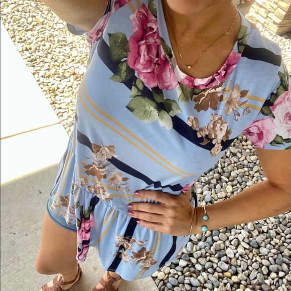 BLUE FLORAL + stripe PRINT ROUND peplum tunic top, CUTE! New - Picture 2 of 7